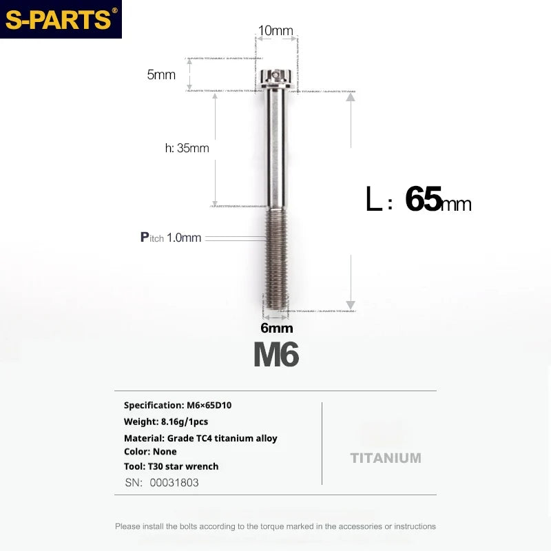 S-PARTS A3 M6 Titanium Bolts — 8–120mm — Titanium Finish — L65mm