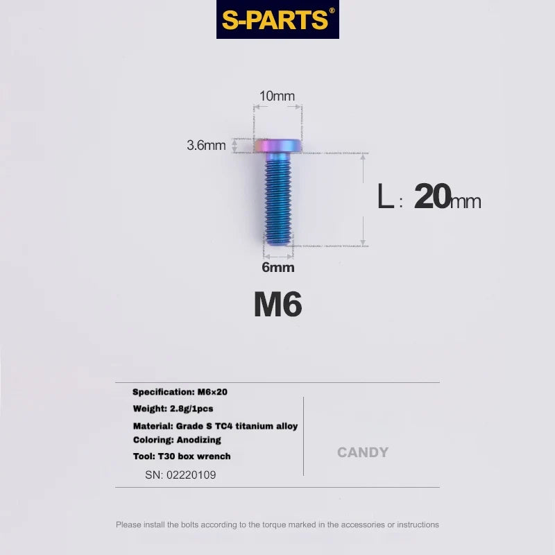 S-PARTS M6 Titanium Seatpost Wedge Bolt — Specialized SL6 / SL7 / SL8 / SL9 / Venge — Candy / M6X20