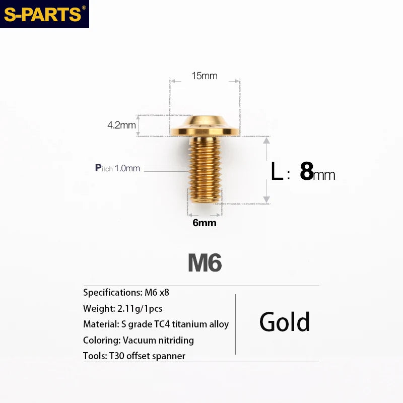 S-PARTS A3 D15 M6 Umbrella Head Titanium Bolts — 8–40mm — M6×8mm / Gold