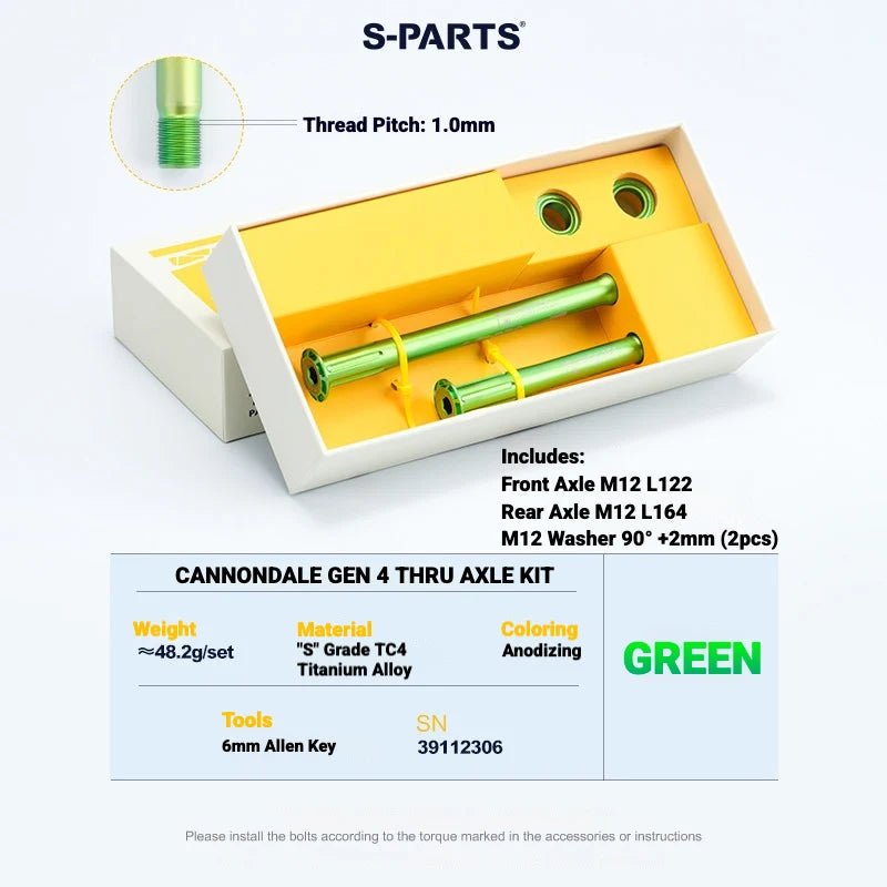 S-PARTS Titanium Thru Axle Set — TC4 Lightweight CNC Wheel Axle Upgrade for Road — CANNONDALE GEN 4 THRU AXLE KIT / Green