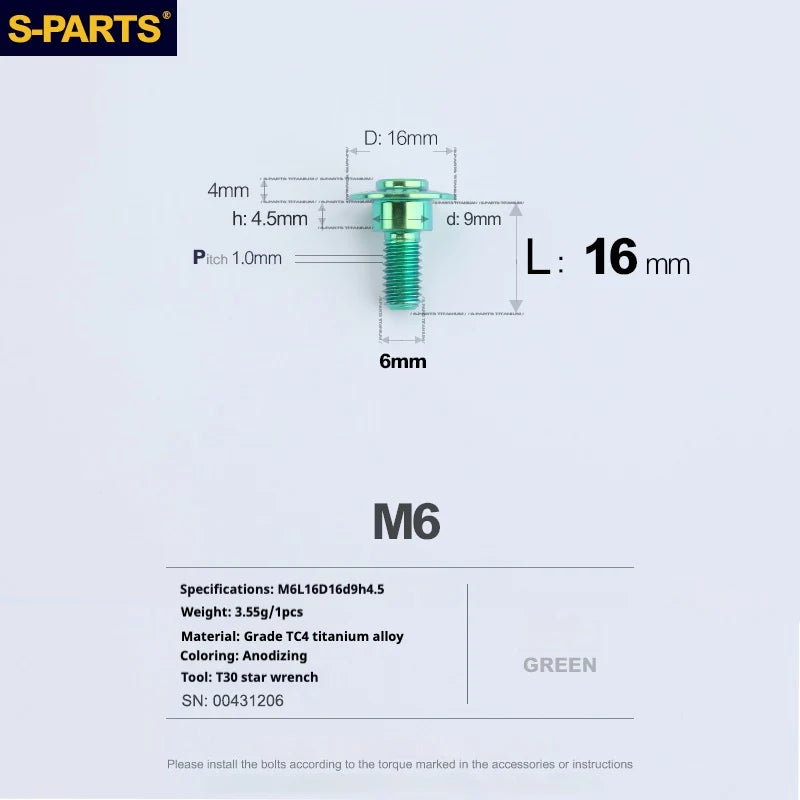 S-PARTS A3 M6 Umbrella Head Step Bolts — Green — 36 Specifications — L16 D16 step screws D9 H4.5