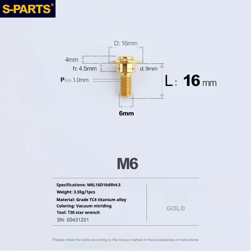 S-PARTS A3 M6 Umbrella Head Step Bolts — Gold — 36 Specifications — L16 D16 step screws D9 H4.5