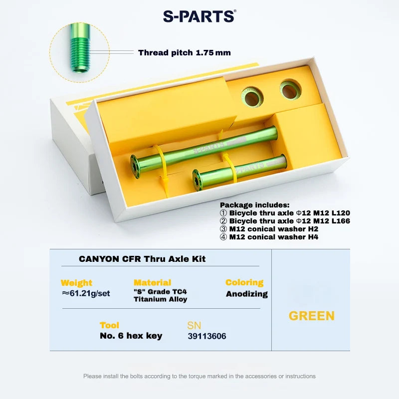 S-PARTS Titanium Thru Axle Kit for CANYON CFR (Front + Rear, Tool-Free — Titanium Thru Axle Set for CANYON CFR / Green