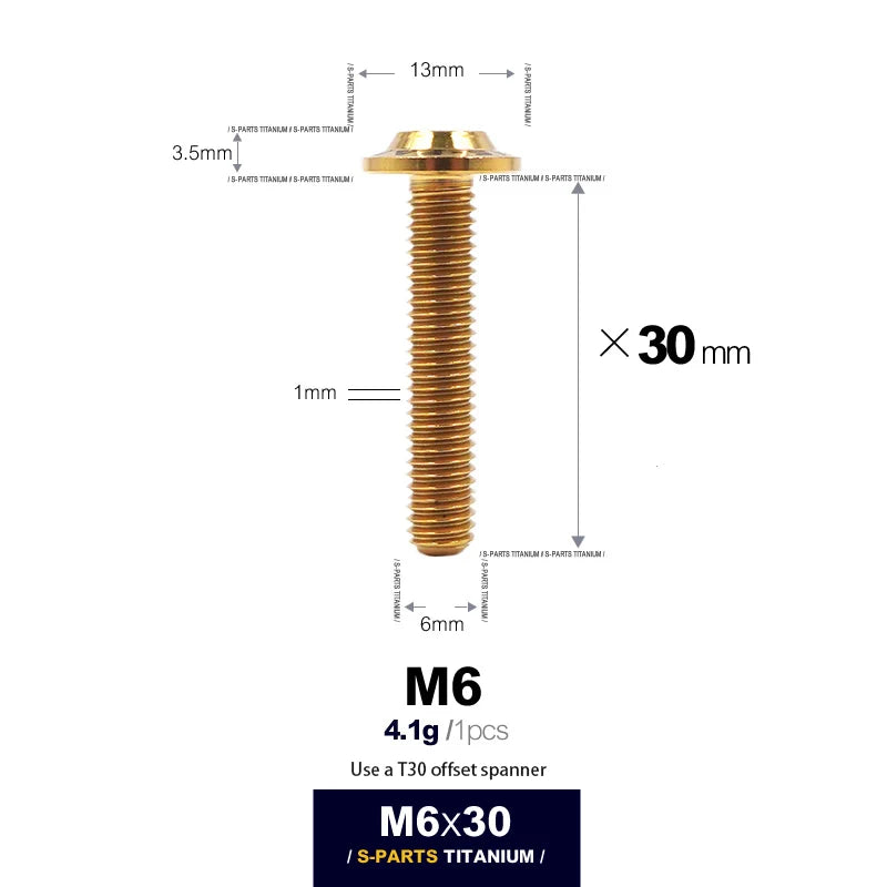 S-PARTS A3 D13 M6 Umbrella Head Titanium Bolts — 8–45mm — D13 M6×30mm / Gold