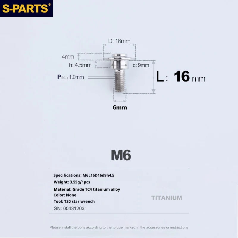 S-PARTS A3 M6 Umbrella Head Step Bolts — Titanium — 36 Specifications — L16 D16 step screws D9 H4.5