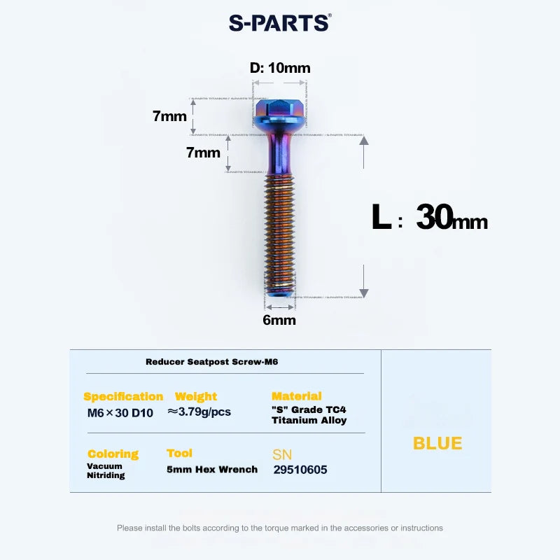 S-PARTS M6 Titanium Seatpost Step-Down Bolt & Nut Kit — 22 / 30 / 35 / 40mm — Blue / 30mm