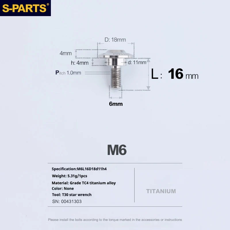 S-PARTS A3 M6 Umbrella Head Step Bolts — Titanium — 36 Specifications — L16 D18 step screws D11 H4