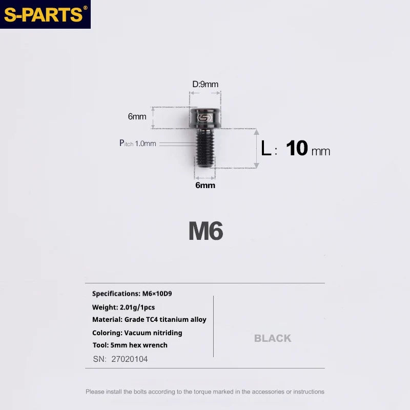 S-PARTS M6 Cylindrical Head Titanium Bolts — 10–25mm — M6×10mm / Black