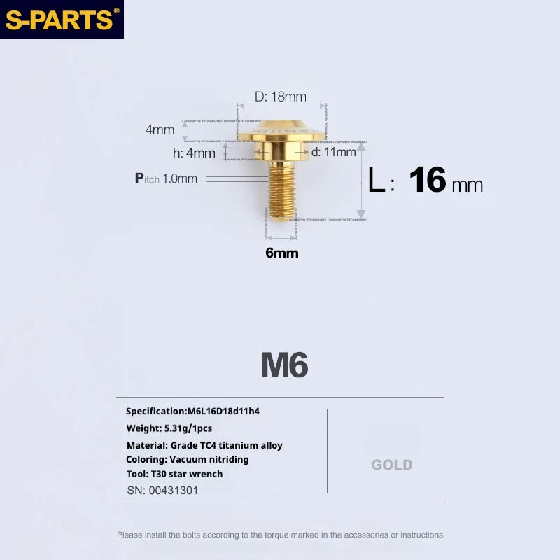 S-PARTS A3 M6 Umbrella Head Step Bolts — Gold — 36 Specifications — L16 D18 step screws D11 H4