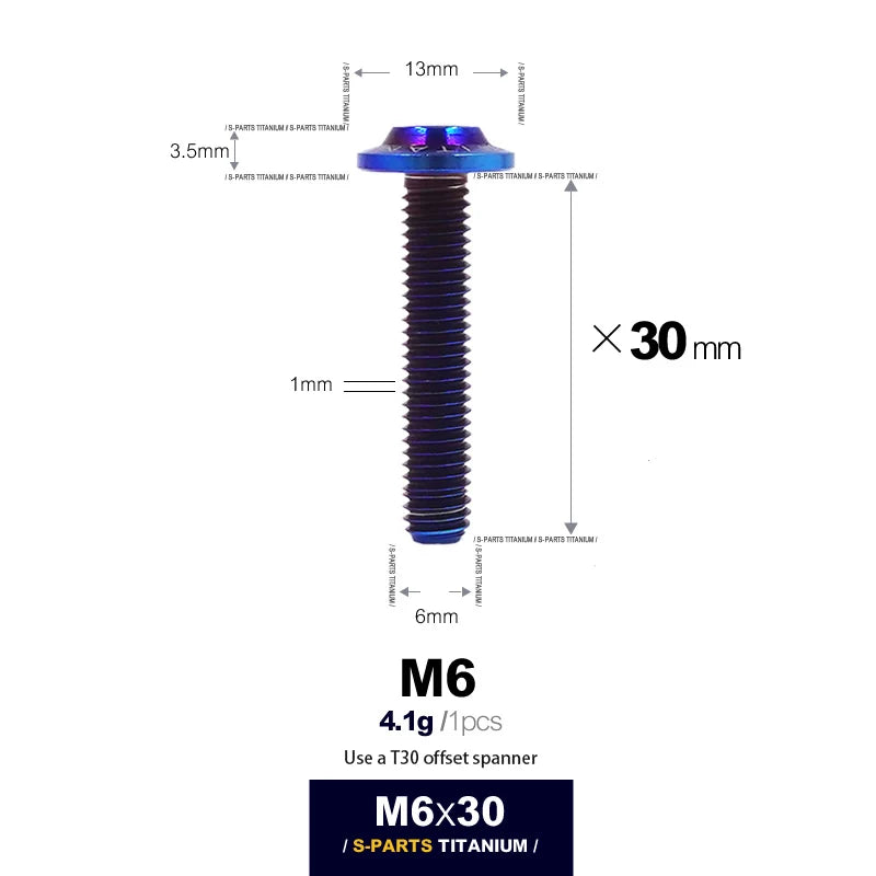 S-PARTS A3 D13 M6 Umbrella Head Titanium Bolts — 8–45mm — D13 M6×30mm / Blue