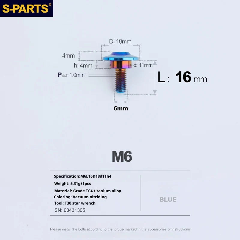 S-PARTS A3 M6 Umbrella Head Step Bolts — Blue — 36 Specifications — L16 D18 step screws D11 H4