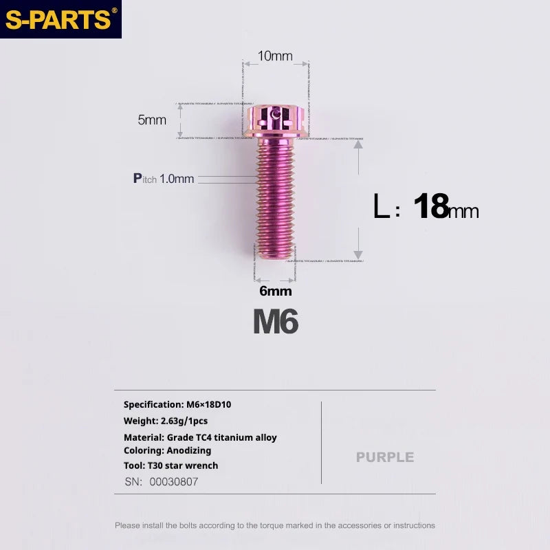 S-PARTS A3 M6 Titanium Bolts — 8–120mm — Purple — L18mm