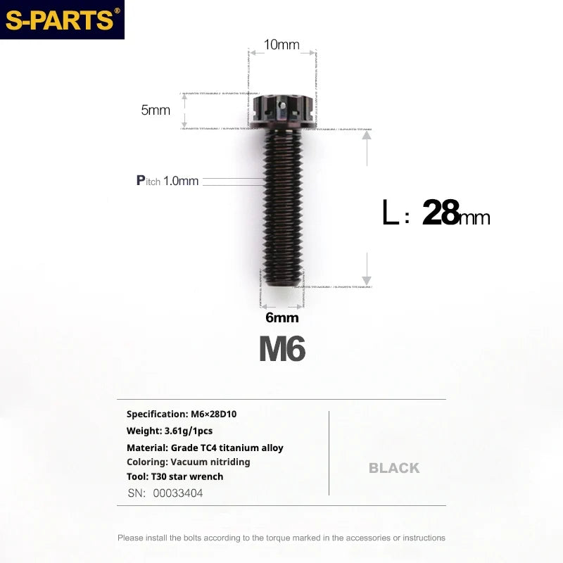S-PARTS A3 M6 Titanium Bolts — 8–120mm — Black — L28mm