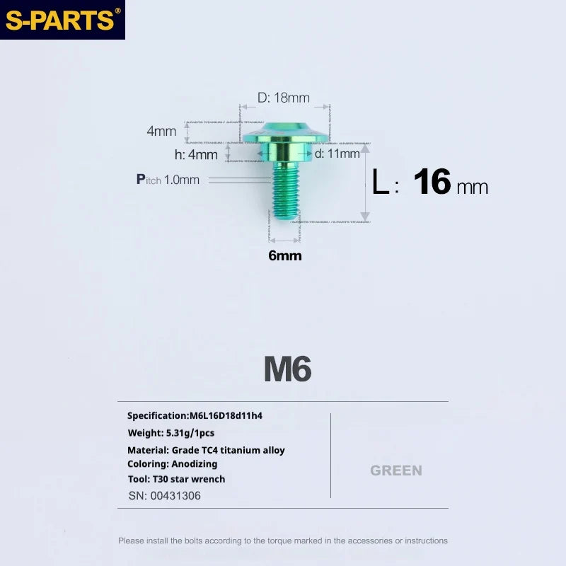 S-PARTS A3 M6 Umbrella Head Step Bolts — Green — 36 Specifications — L16 D18 step screws D11 H4