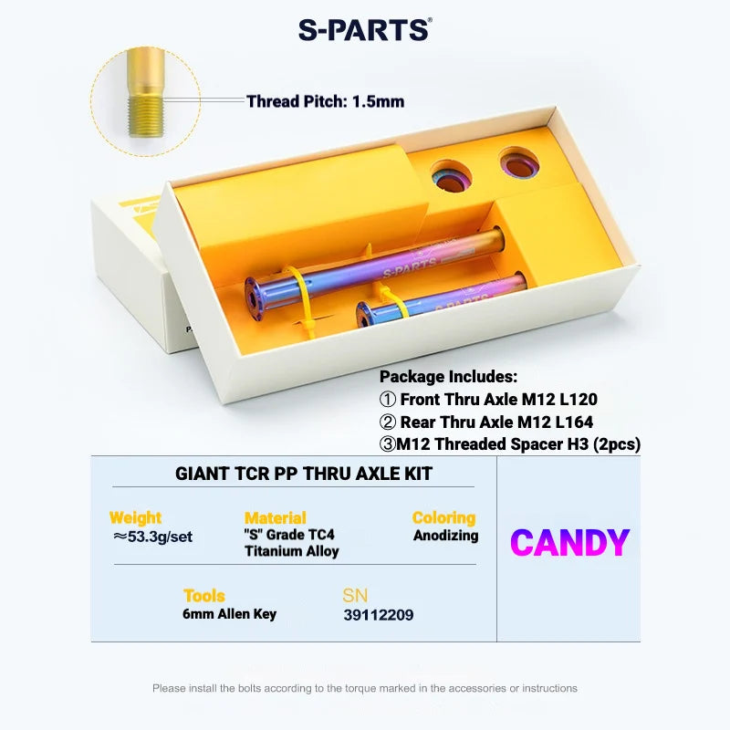 S-PARTS Titanium Quick Release Thru Axle for Giant Road Bikes — Lightweight TC4 — GIANT TCR PP Thru Axle Kit / Candy