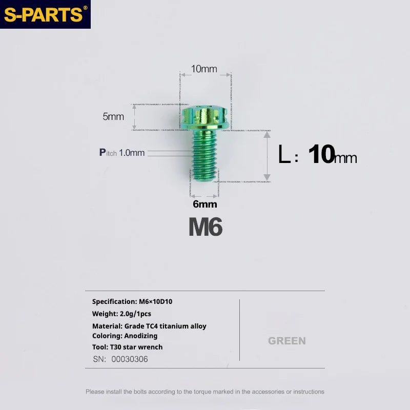 S-PARTS A3 M6 Titanium Bolts — 8–120mm — Green — L10mm