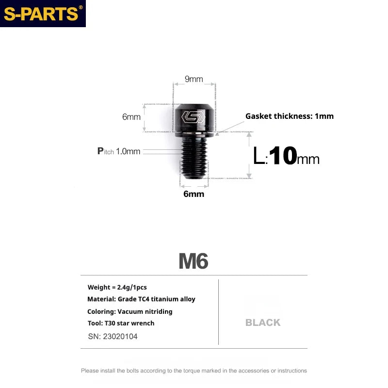 S-PARTS A2 M6 TC4 Titanium Bolts — 10–55mm — Multiple Colors — L10mm / Black
