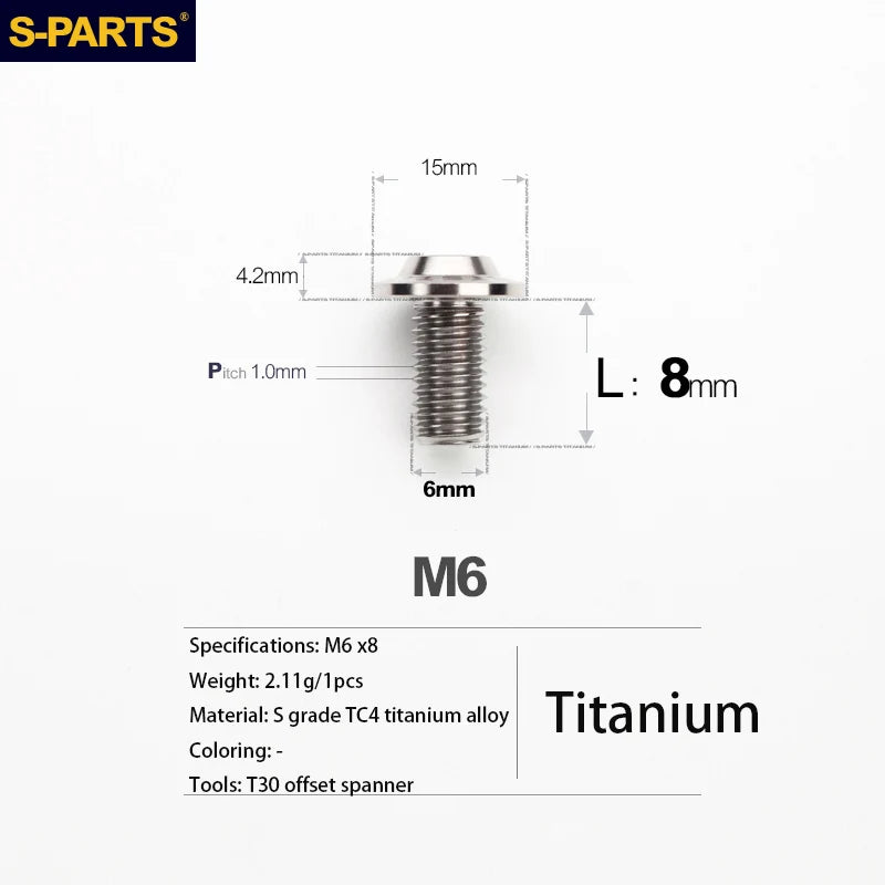 S-PARTS A3 D15 M6 Umbrella Head Titanium Bolts — 8–40mm — M6×8mm