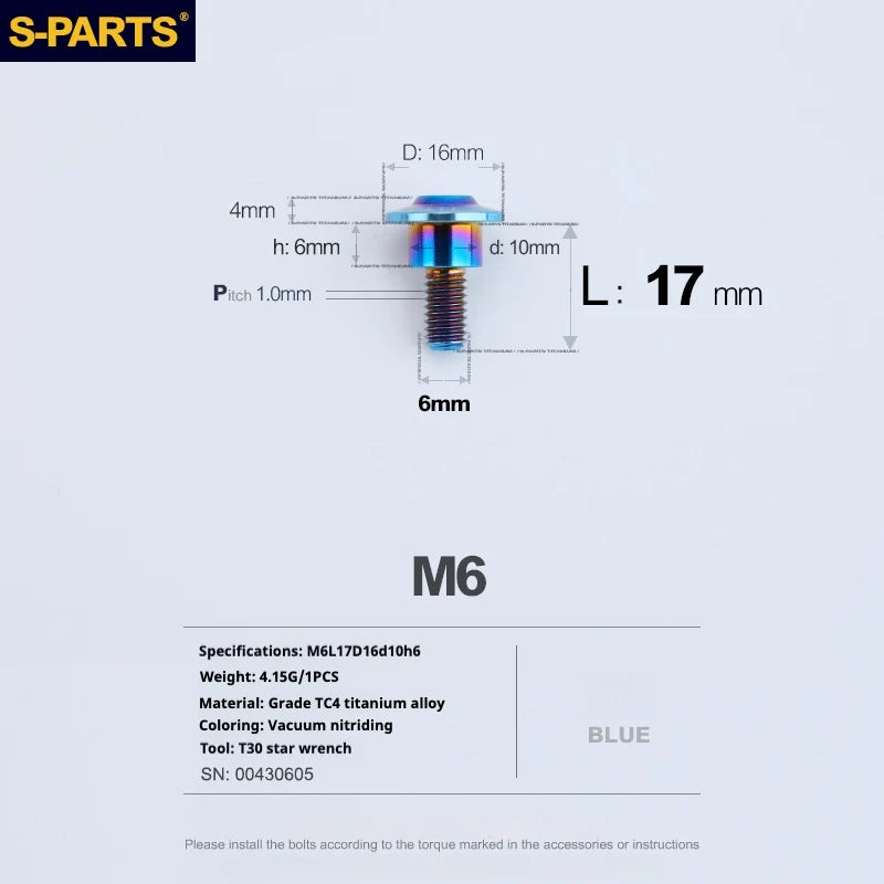 S-PARTS A3 M6 Umbrella Head Step Bolts — Blue — 36 Specifications — L17 D16 step screws D10 H6