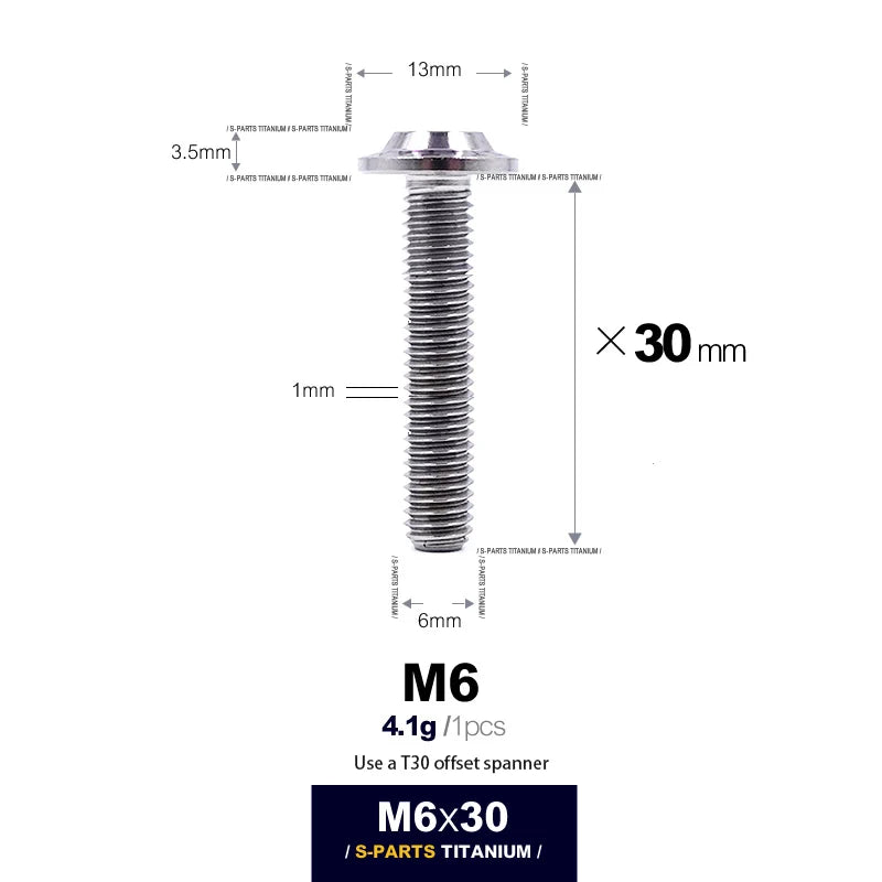 S-PARTS A3 D13 M6 Umbrella Head Titanium Bolts — 8–45mm — D13 M6×30mm