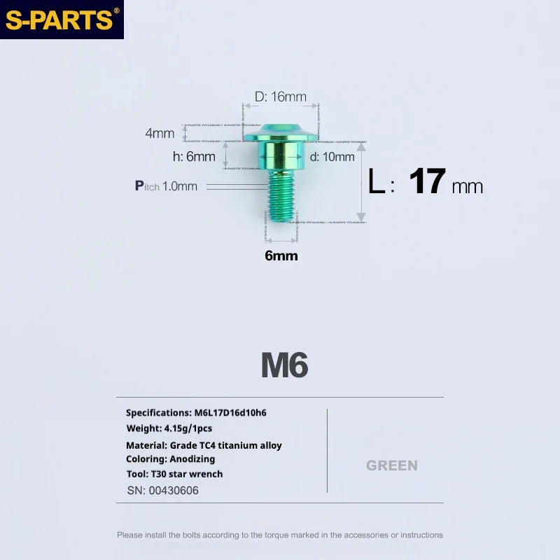 S-PARTS A3 M6 Umbrella Head Step Bolts — Green — 36 Specifications — L17 D16 step screws D10 H6