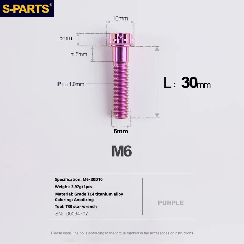 S-PARTS A3 M6 Titanium Bolts — 8–120mm — Purple — L30mm semi-threaded 25mm