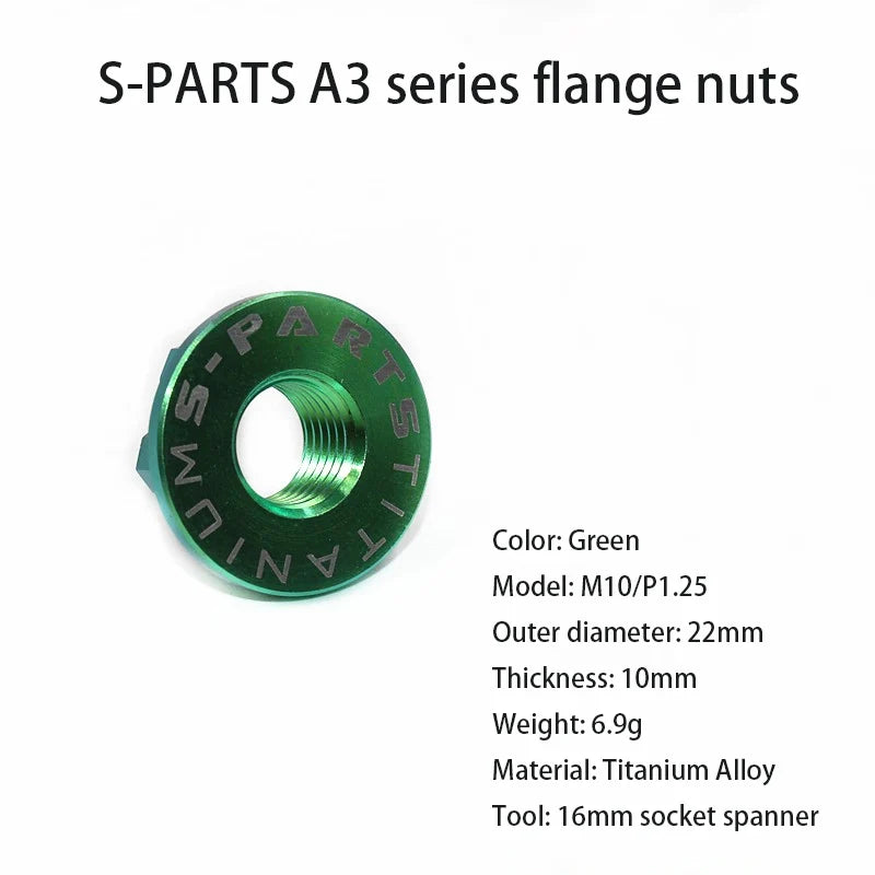 S-PARTS A3 Titanium Flange Nuts — M5 / M6 / M8 / M10 / M12 — M10 P1.25 / Green