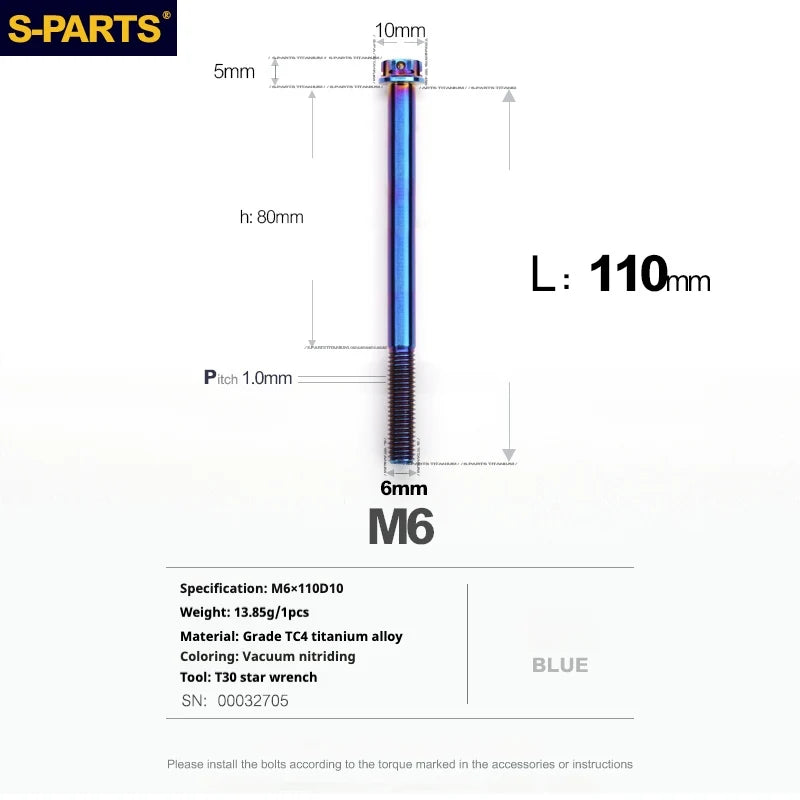 S-PARTS A3 M6 Titanium Bolts — 8–120mm — Blue — L110mm