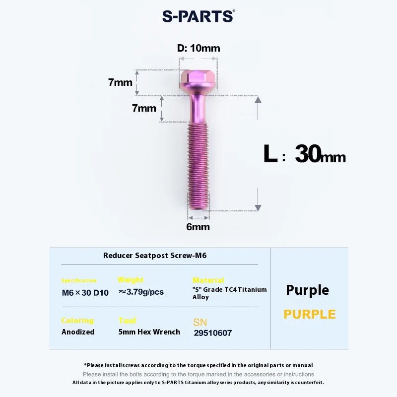 S-PARTS M6 Titanium Seatpost Step-Down Bolt & Nut Kit — 22 / 30 / 35 / 40mm — Purple / 30mm