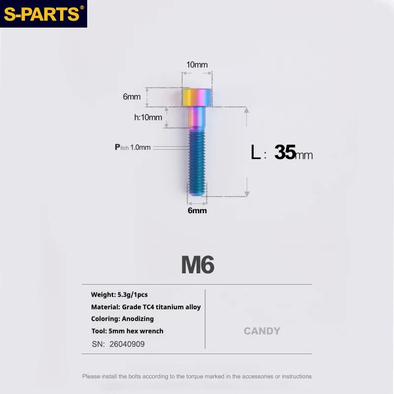 S-PARTS M6 Titanium Stem & Caliper Bolts — 30–70mm — 5mm Hex — L35mm / Candy