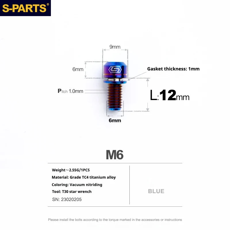 S-PARTS A2 M6 TC4 Titanium Bolts — 10–55mm — Multiple Colors — L12mm / Blue