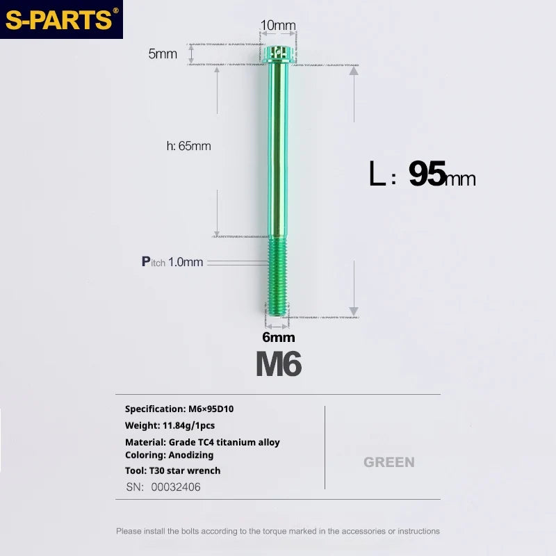 S-PARTS A3 M6 Titanium Bolts — 8–120mm — Green — L95mm