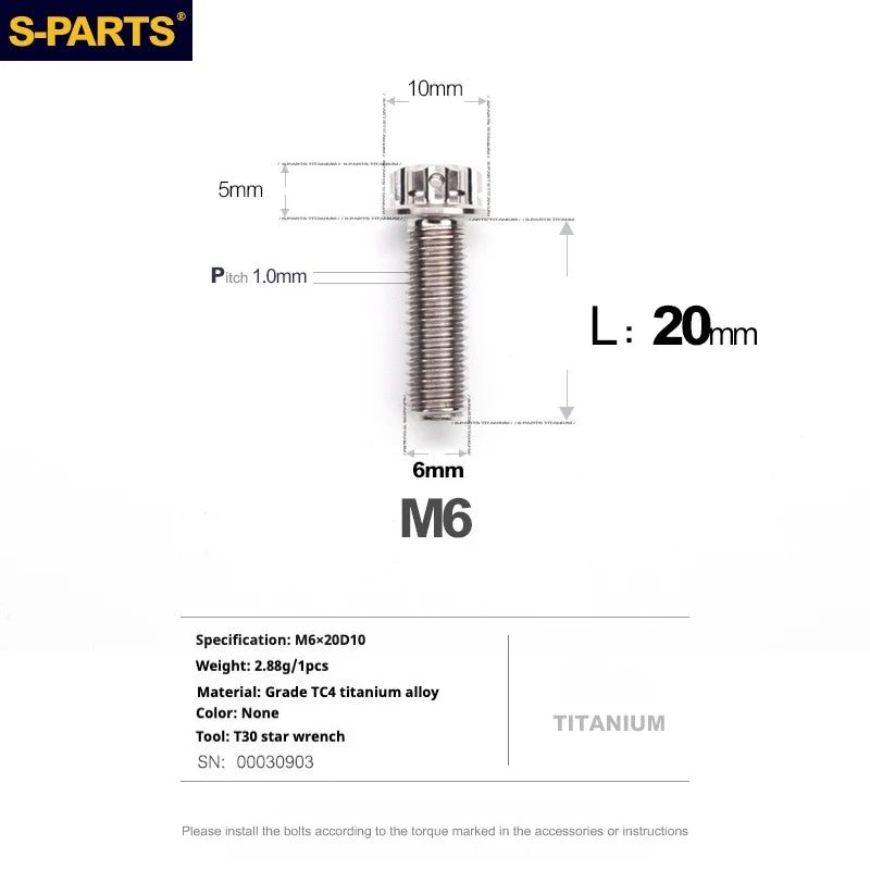 S-PARTS A3 M6 Titanium Bolts — 8–120mm — Titanium Finish — L20mm