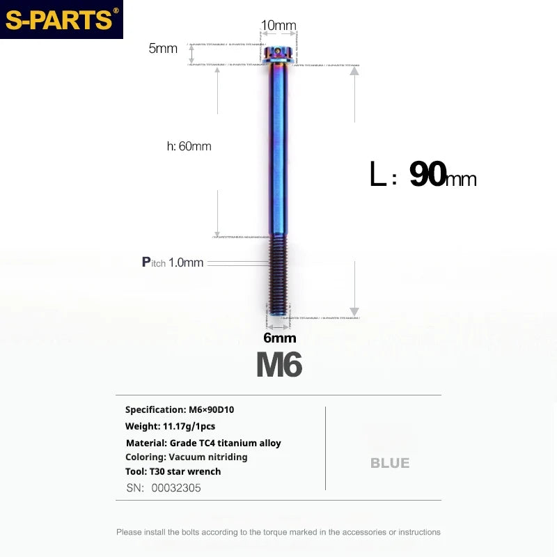 S-PARTS A3 M6 Titanium Bolts — 8–120mm — Blue — L90mm