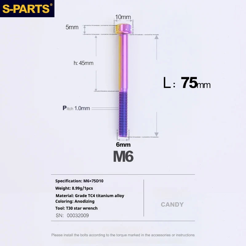 S-PARTS A3 M6 Titanium Bolts — 8–120mm — Candy — L75mm