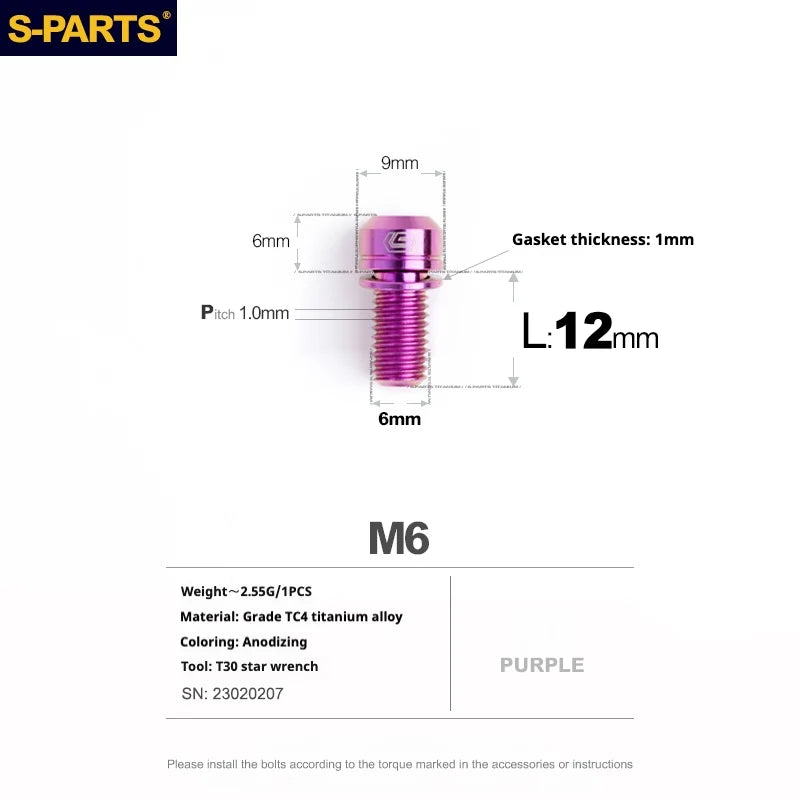 S-PARTS A2 M6 TC4 Titanium Bolts — 10–55mm — Multiple Colors — L12mm / Purple