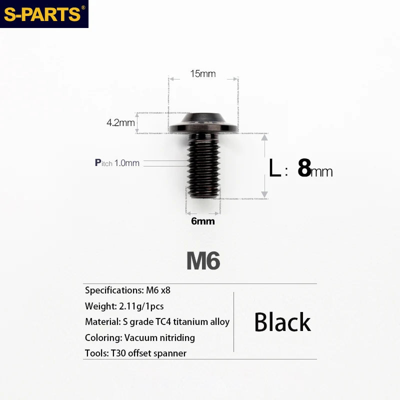S-PARTS A3 D15 M6 Umbrella Head Titanium Bolts — 8–40mm — M6×8mm / Black