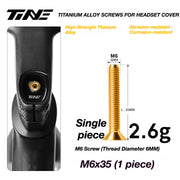 TiNE M6 Titanium Headset Top Cap Screws — 25 / 30 / 35 / 45mm — M6×35 Gold Glow