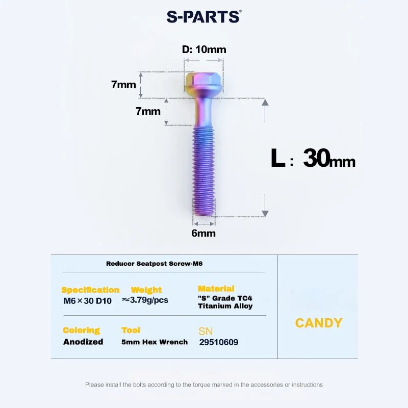 S-PARTS M6 Titanium Seatpost Step-Down Bolt & Nut Kit — 22 / 30 / 35 / 40mm — Candy / 30mm