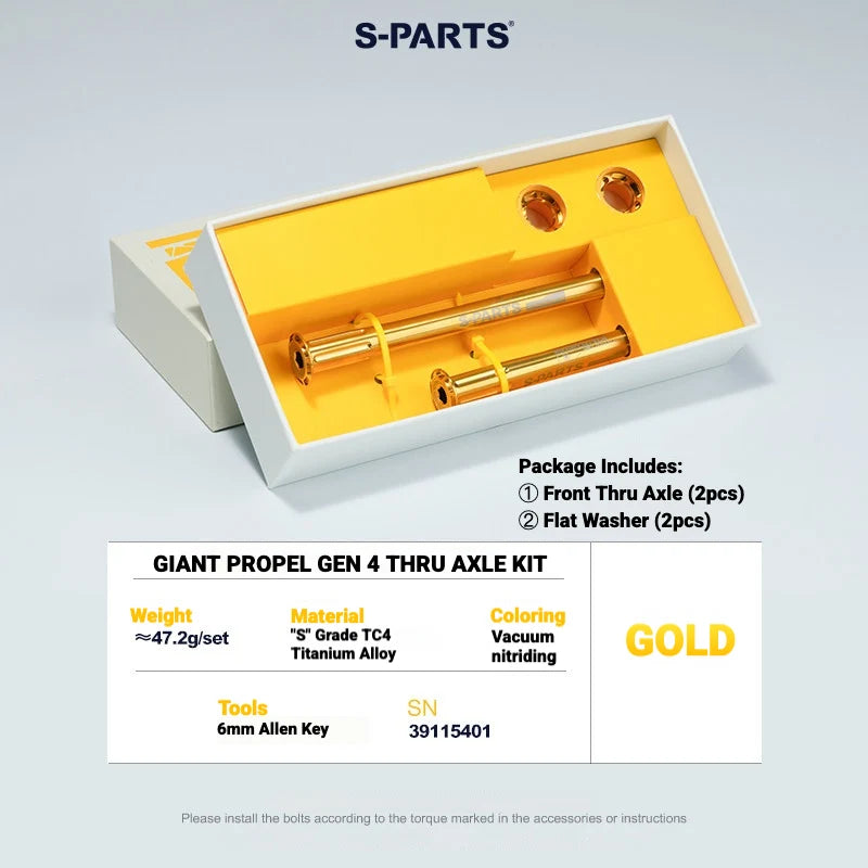 S-PARTS Titanium Quick Release Thru Axle for Giant Road Bikes — Lightweight TC4 — GIANT Propel Gen 4 Thru Axle Kit / Gold