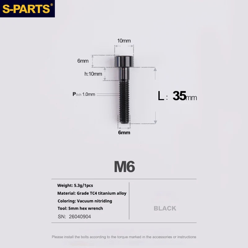 S-PARTS M6 Titanium Stem & Caliper Bolts — 30–70mm — 5mm Hex — L35mm / Black