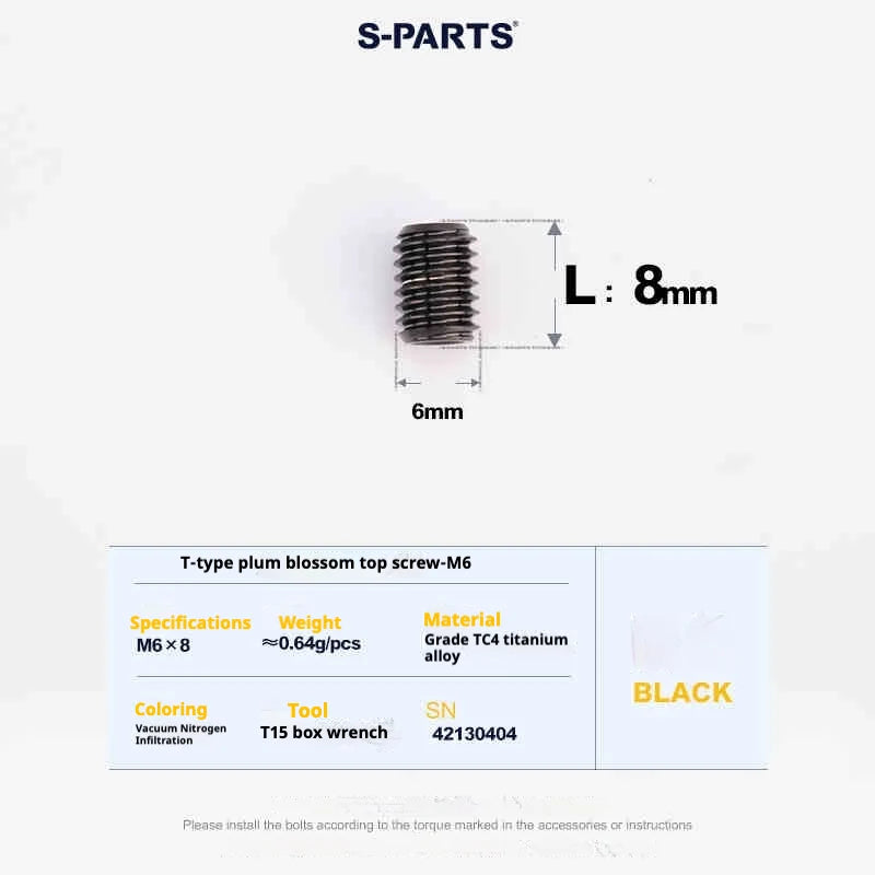 S-PARTS T15 M6 Flat-Bottom Titanium Set Screws — L8/L10/L12/L16 — L08mm / Black