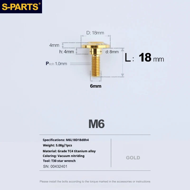 S-PARTS A3 M6 Umbrella Head Step Bolts — Gold — 36 Specifications — L18 D18 step screws D8 H4