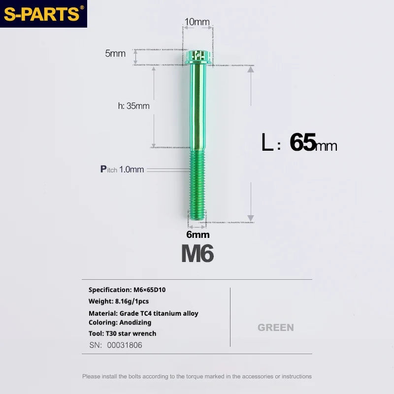 S-PARTS A3 M6 Titanium Bolts — 8–120mm — Green — L65mm