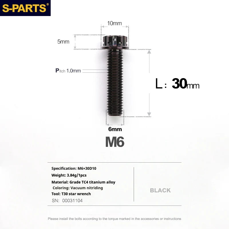 S-PARTS A3 M6 Titanium Bolts — 8–120mm — Black — L30mm