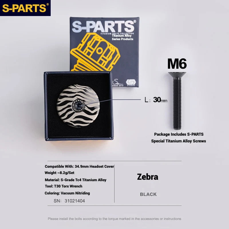 S-PARTS Titanium OD2 34.9 mm Laser Headset Cap — CNC Machined — Multiple Designs Available — Zebra (Set) Black