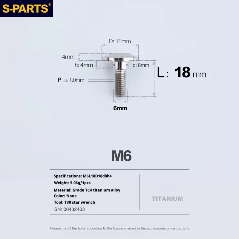 S-PARTS A3 M6 Umbrella Head Step Bolts — Titanium — 36 Specifications — L18 D18 step screws D8 H4