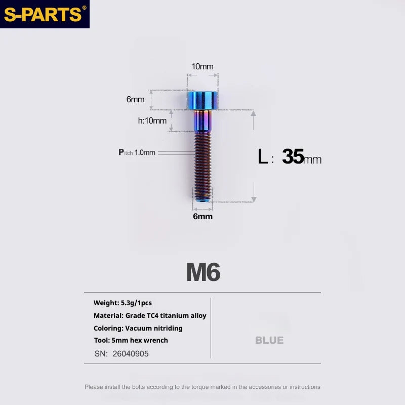 S-PARTS M6 Titanium Stem & Caliper Bolts — 30–70mm — 5mm Hex — L35mm / Blue