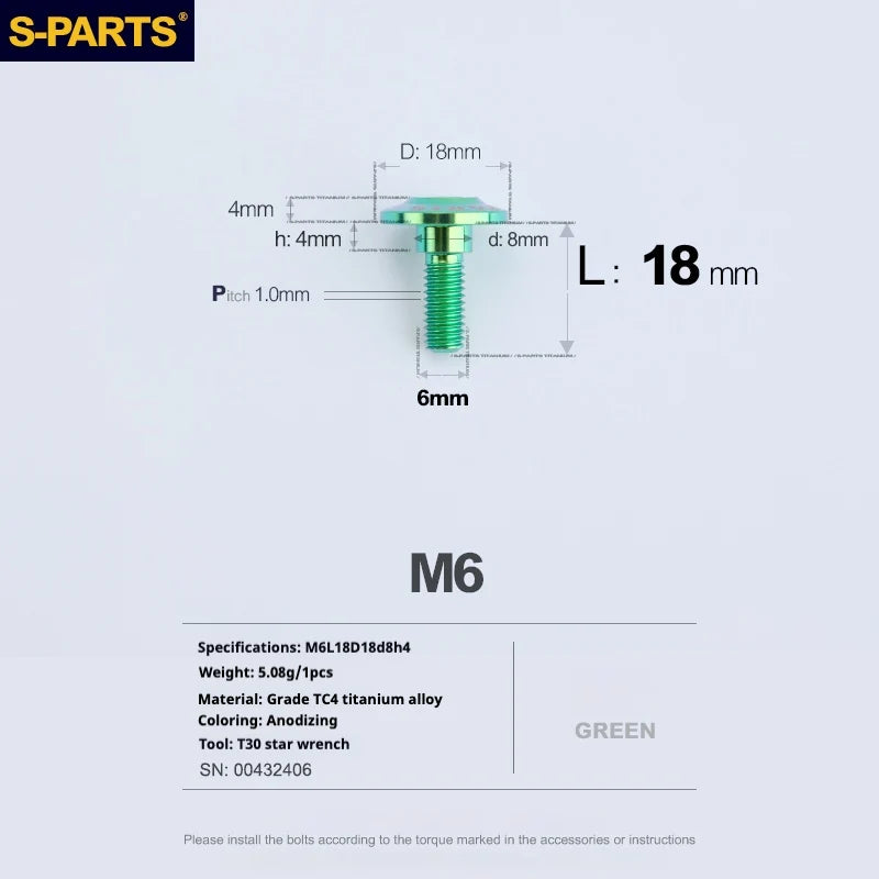 S-PARTS A3 M6 Umbrella Head Step Bolts — Green — 36 Specifications — L18 D18 step screws D8 H4