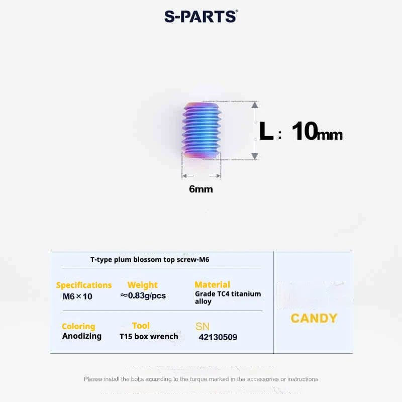 S-PARTS T15 M6 Flat-Bottom Titanium Set Screws — L8/L10/L12/L16 — L10mm / Candy